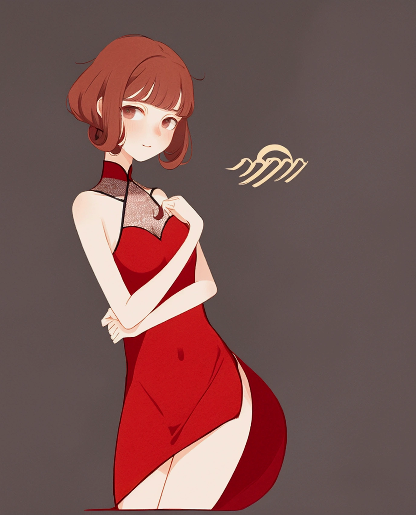 Height: 158, I&#39;m redhead, 小柄, shoulder length wavy hair with bangs, Small ass and breasts, but I have an ass, I am thin, wearing a 小柄 red dress, White background , Hand drawn, a little sexy