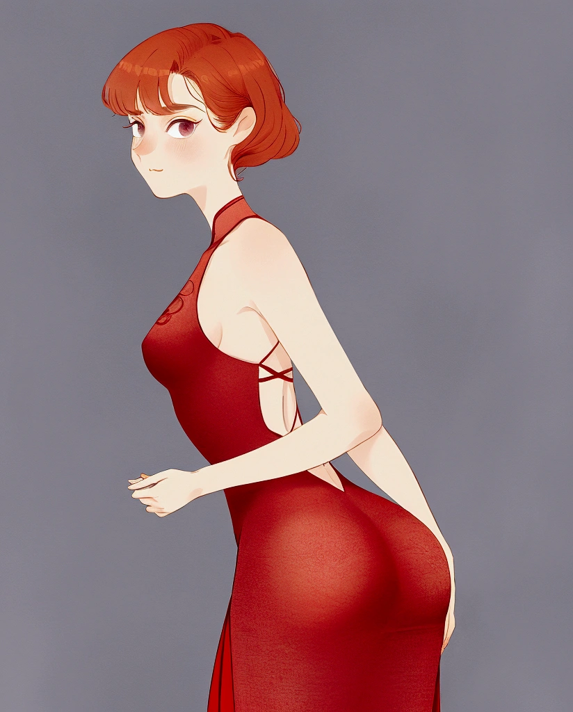 Height: 158, I'm redhead, 小柄, shoulder length wavy hair with bangs, Small and breut I have an ass, I am n, wearing a 小柄 red dress, White background , Hand drawn, a little sexy