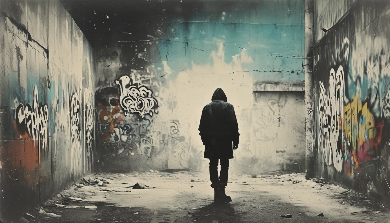 illustration reflecting street art style, a lone figure, seen from the back, abstract graffiti wall, figure's attire and the graffiti incorporate dynamic colors and bold strokes, conveying movement and urban energy in a digitally rendered --ar 9:16