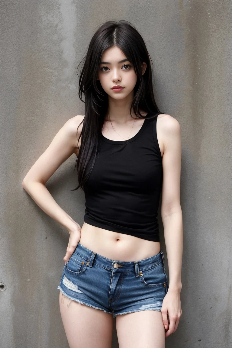 20 year old girl, black tank top, black skirt, long hair, high contrast (Natural skin texture, Hyperrealism, Soft Light, sharp), portrait, standing, kpop