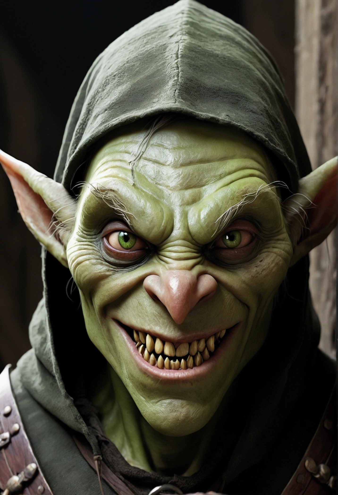 the sharp teeth are barly visible in mouth boyish grin a smooth muddy smooth greyish green-skinned, sharp-toothed visible sharp tooth, roguish dressed, (roguish clothes, medieval clothes) with a black hood-up goblin sits in the shadows. The details of the goblin's black hood are visible, showing its worn nature. the clothes are worn and grey-black coloured. the greyish black clothes the goblin wears are worn. The green skin of the goblin is muted greyish and smooth the goblin is young, smooth skinned about 20 years old. The goblin is handsome, would be considered to have handsome features. On its face has visible sharp teeth with a friendly grin, the skin is muted green, (nice face, normal green nose, face of a magic adept, goblin face). while the goblin has sharp tooth the grin on its face is friendly. The lighting in the scene is dim, with a subtle glow casting eerie shadows on the goblin's face and surroundings. The overall image quality is of the highest standard, with ultra-detailed textures and a photorealistic rendering. The artwork is depicted in a medium that best showcases its unique style and texture, whether it be an illustration, oil painting, 3D rendering, or photography. The color palette is dominated by earthy tones, with a focus on various shades of green to complement the goblin's appearance.