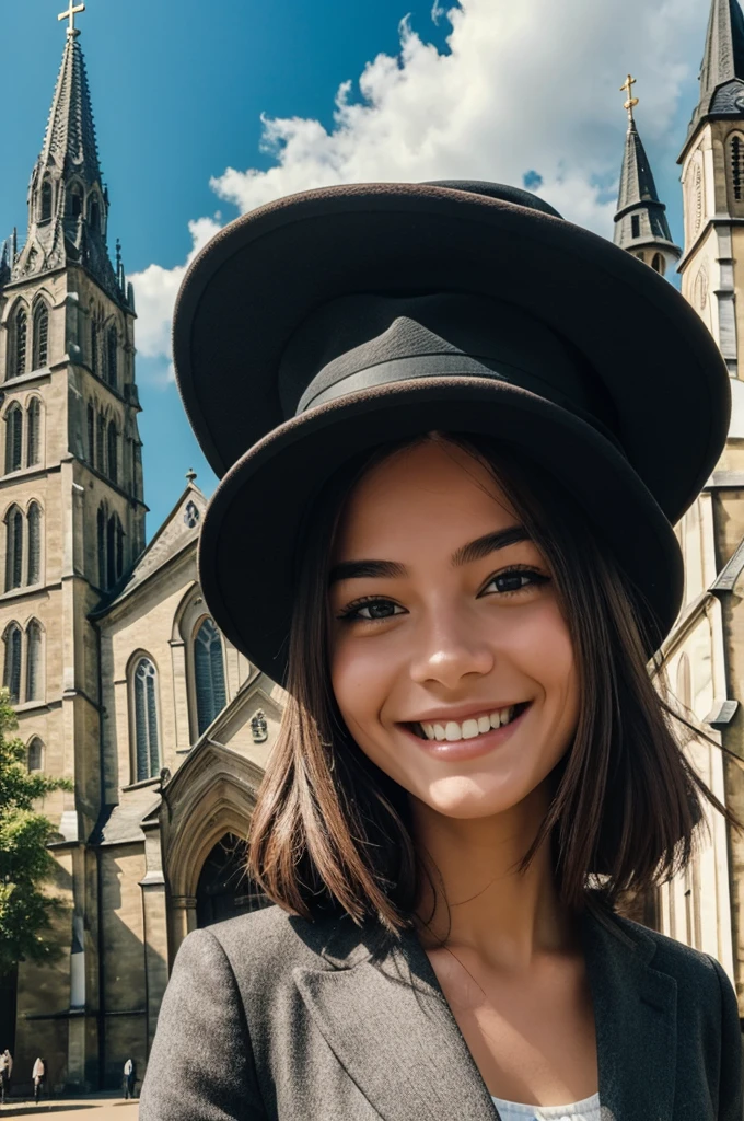 ((Best Quality)), ((Masterpiece)), (detailed), 1 girl, with hat, smiling, behind her a church