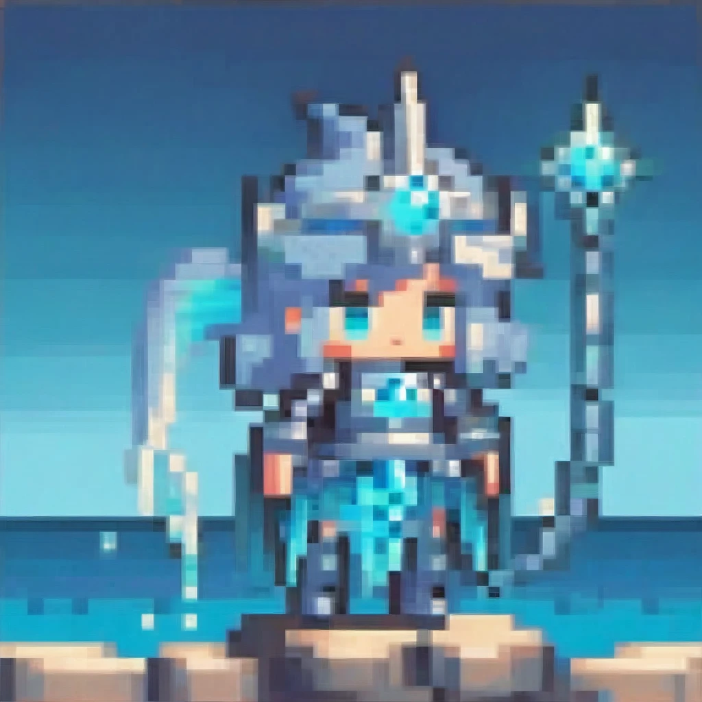  A chibi monster female character in shimmering blue and silver mermaid armor from an ocean fantasy, holding a glowing trident. She has fish fins and scales, glowing aqua eyes, and coral-like horns. The trident emits a water elemental glow, and she is in a dynamic swimming pose. The artwork features cinematic lighting and moody colors, in a digital art, concept art style.