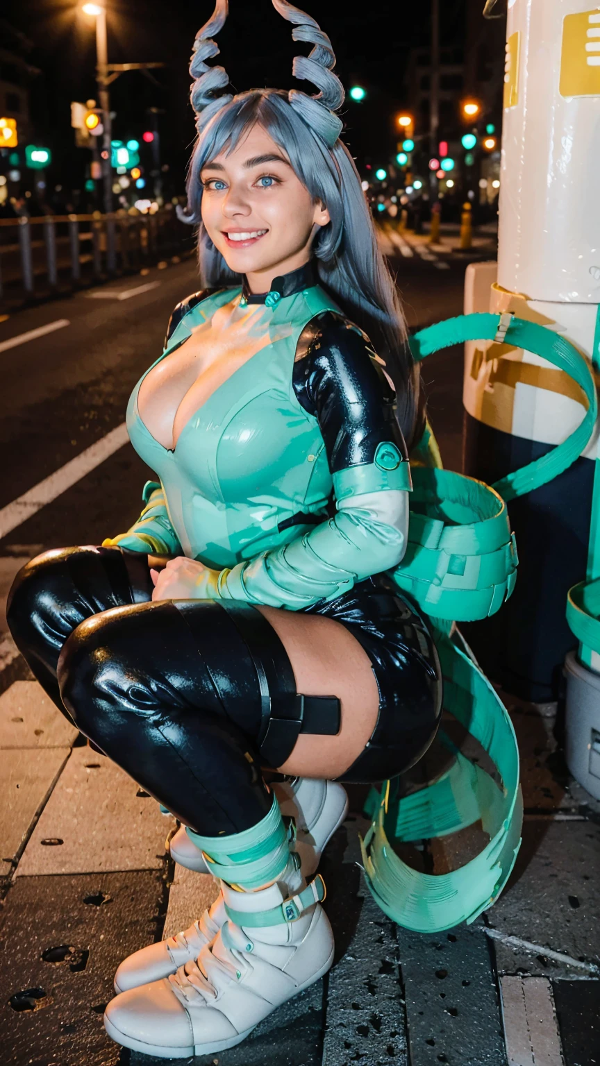 Masterpiece, Best quality, (photorealistic1.4), (UHD), (big breast), (flashphoto), (flash photography), (cleavage), (European model), (young woman), (JenniferConnelly90), (Tokyo Street), (epiCRealLife:1.0), (night time), (Nejire latex bodysuit), 1girl, solo, long hair, blue eyes, (blue hair), (hair bangs), (drill hair, twin drills), (Nejire Hairstyle), hair horns, very long hair , light blue hair, (Nejire Yellow gloves), (look at viewers), (Nejire smile), (squat poses)