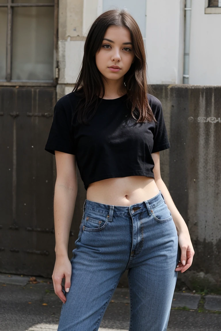 une femme sexy et mince de 18 ans , emo girl , black t-shirt and short en jean