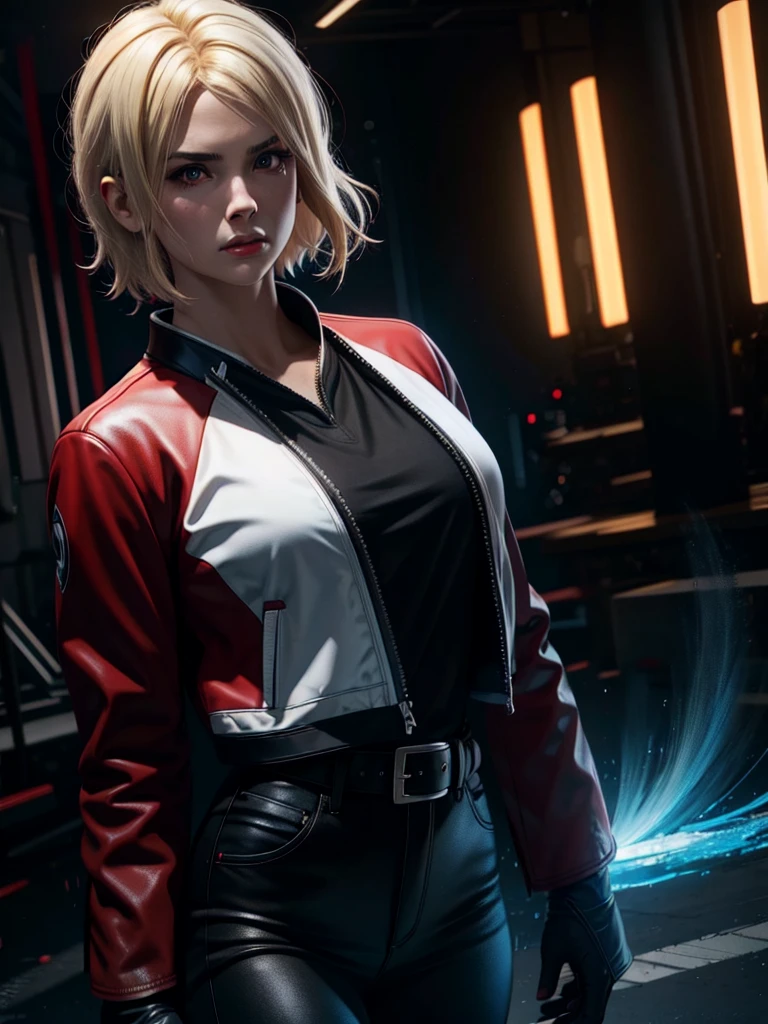 kurosaki mea、最high quality、high quality,, ((Masseter muscle area)), ((High resolution)), ((最high quality)), detailed, ((Glowing Skin)), ((huge 、Blonde、Short Bob))、(Black Bondage, White jacket, Black shorts), Voluptuous bust, exposed navel, Bowl-shaped big breasts, (View from the front、Looking at the audience:1.5)、((background:futuristic facility:1.4))