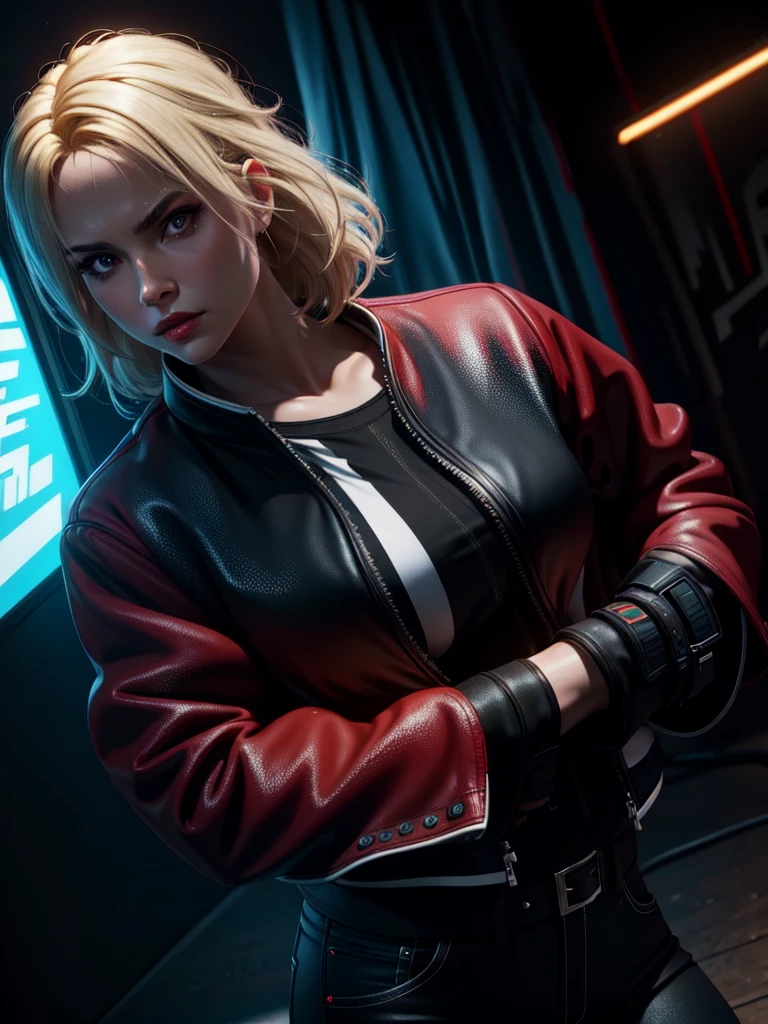 25-year-old woman, alone, blonde hair, red jacket, black t-shirt, black belt and black pants, black fingerless exercise gloves, annoyed look, expelling great blue power, cinematic, ultra-sharp focus, photography award winning, perfect contrast, high sharpness, depth of field, ultra detailed photography, global illumination, fluid, ultra high definition, 8k, Unreal Engine 5, ultra sharp focus, award winning photography, art station trends