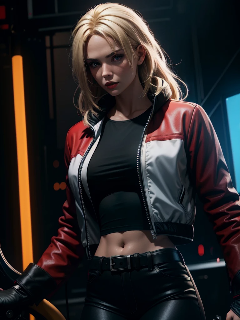 25-year-old woman, alone, blonde hair, red jacket, black t-shirt, black belt and black pants, black fingerless exercise gloves, annoyed look, expelling great blue power, cinematic, ultra-sharp focus, photography award winning, perfect contrast, high sharpness, depth of field, ultra detailed photography, global illumination, fluid, ultra high definition, 8k, Unreal Engine 5, ultra sharp focus, award winning photography, art station trends
