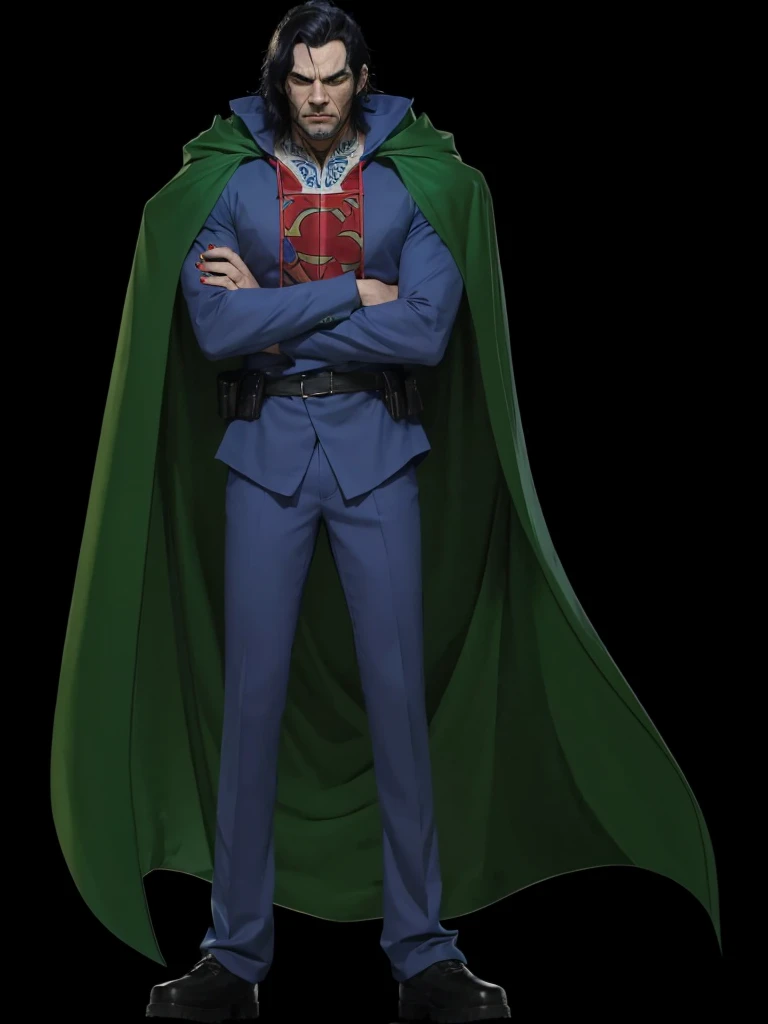 A man with a green cape on his back, with blue clothing set, red tattoo on face, Bblack hair, with serious angry mood