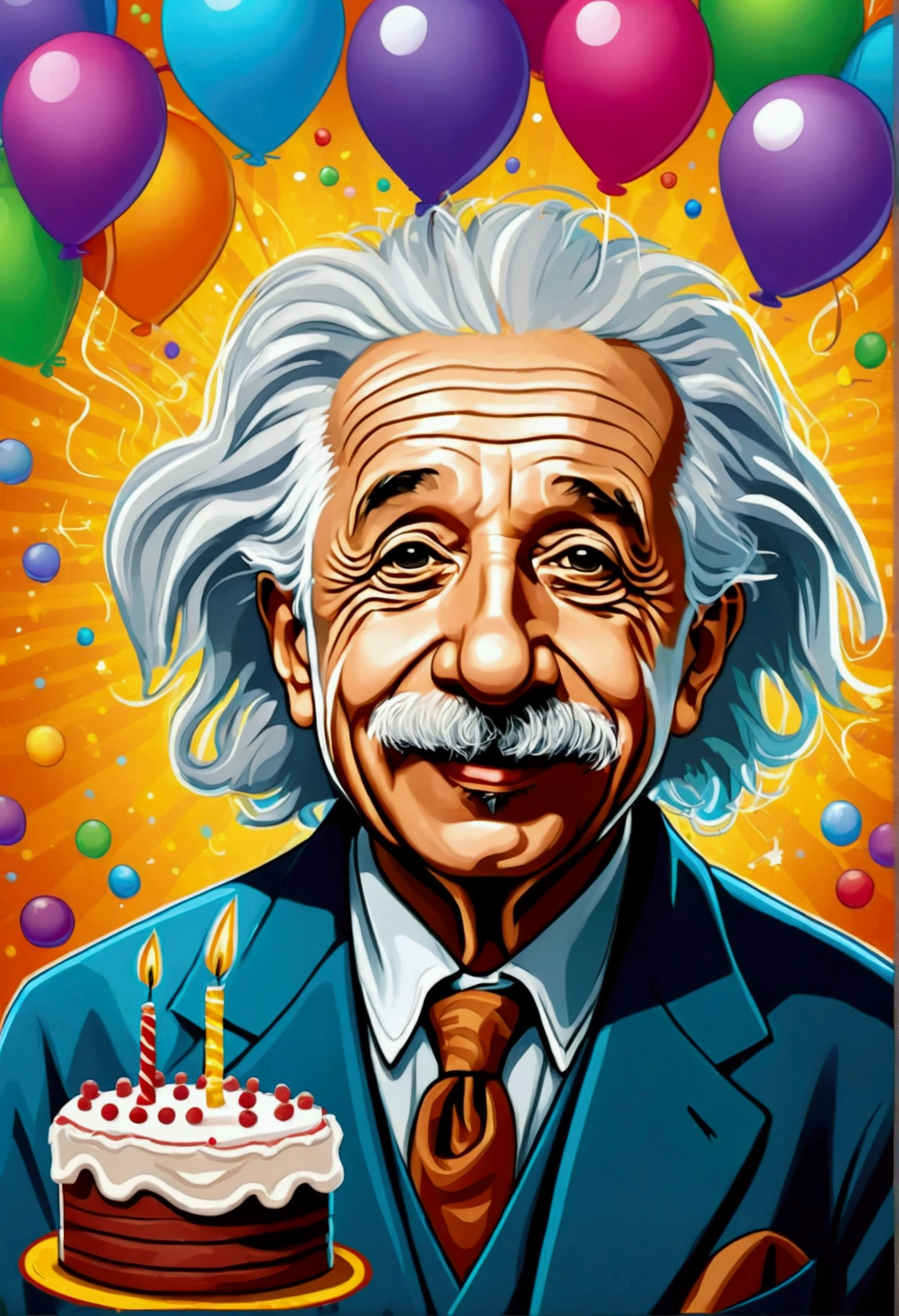 Albert Einstein is happy and wishes Happy Birthday, cartoon