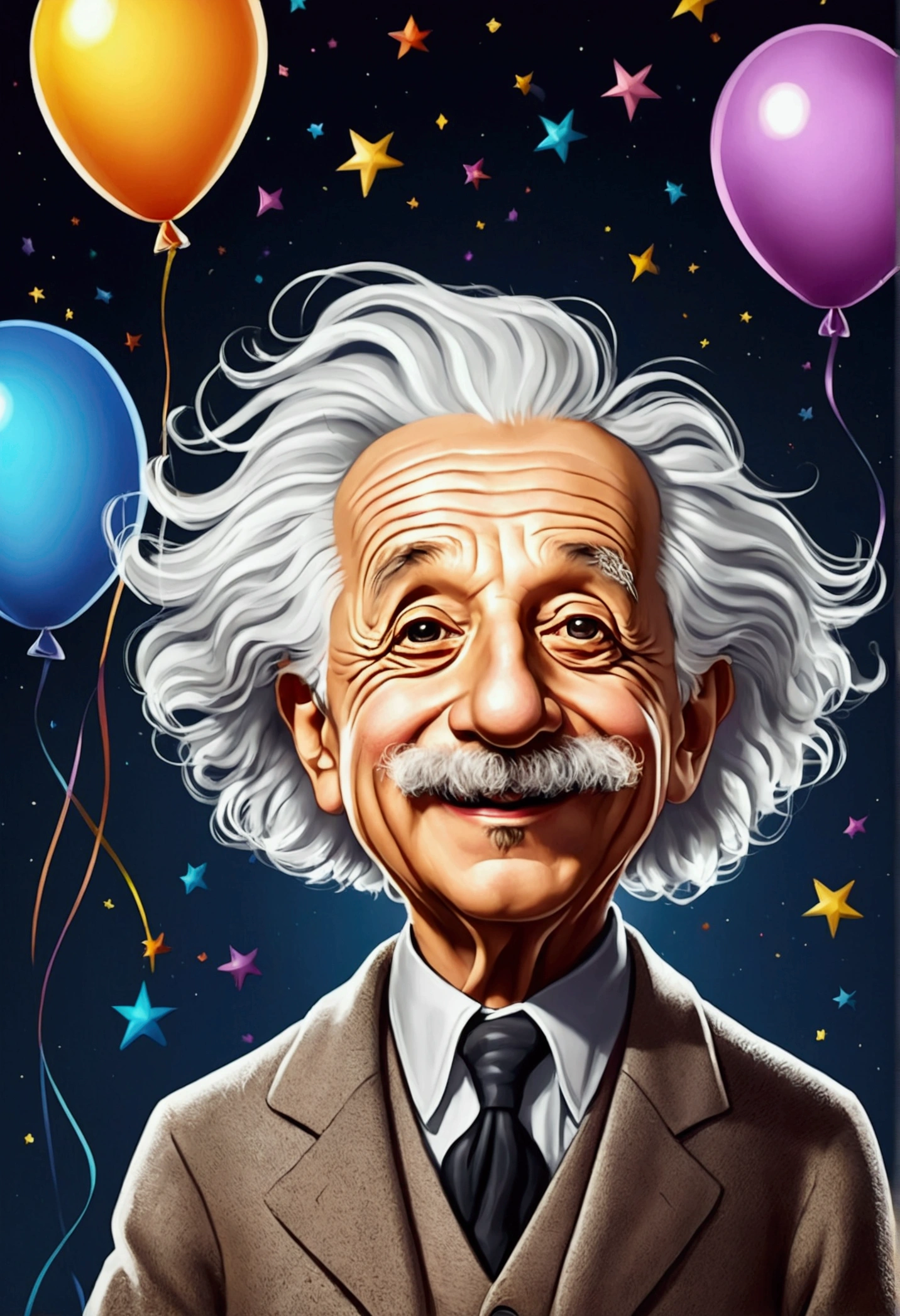 Albert Einstein is happy and wishes Happy Birthday, cartoon