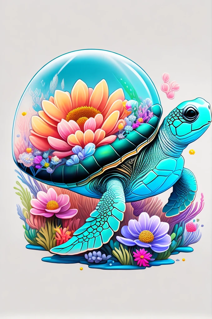 Chibi sea turtle, air bubble, flowers, vivid color, splash of color, cute, illustrator, digitl art, White background, image for t-shirt design, vectorized black contours, ultrarealistic details, 32K,