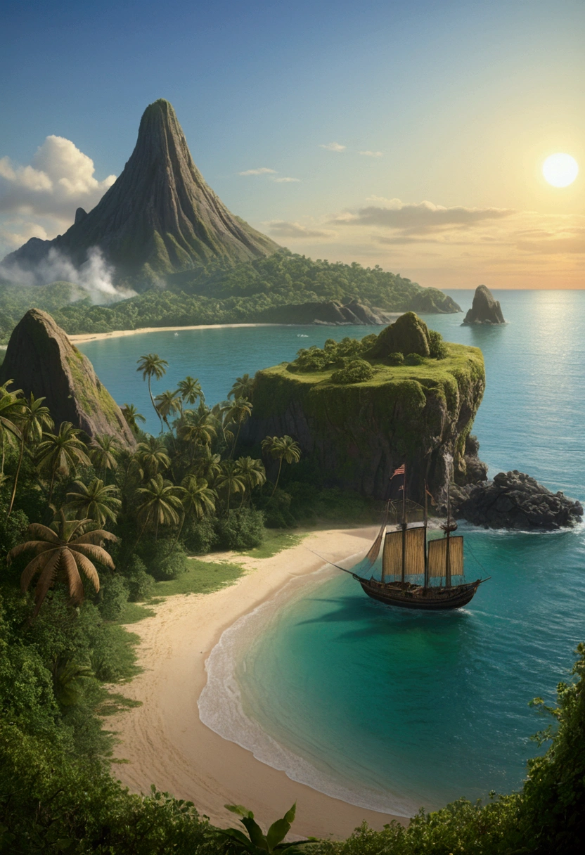 Mysterious Island, by Alexei antonov, cinematic still, (best quality, masterpiece), very aesthetic, perfect composition, intricate details, ultra-detailed, vivid colors