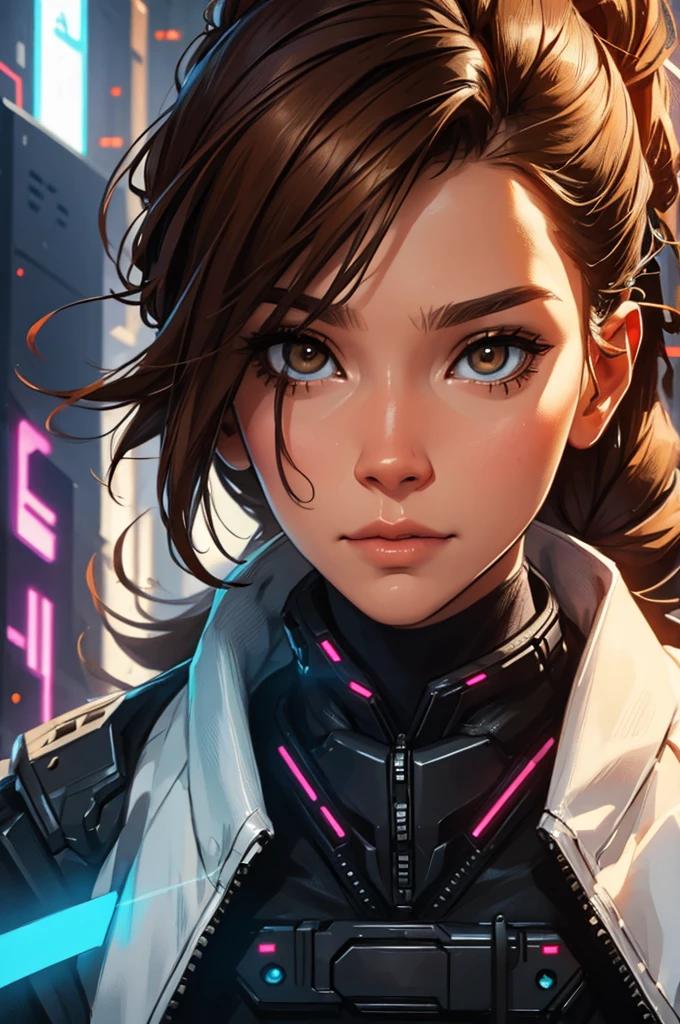 amazing brown hair, female cyberpunk character scientist, portrait, face shot, close-up
