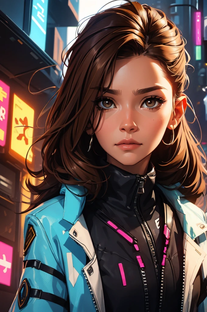 amazing brown hair, female cyberpunk character scientist, portrait, face shot, close-up