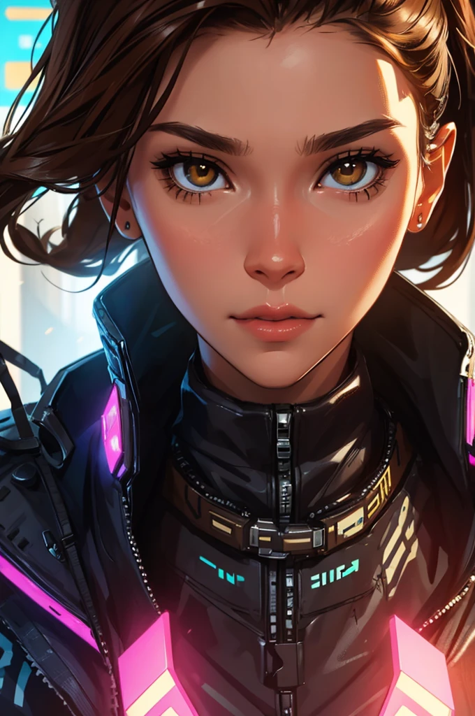 amazing brown hair, female cyberpunk character scientist, portrait, face shot, close-up
