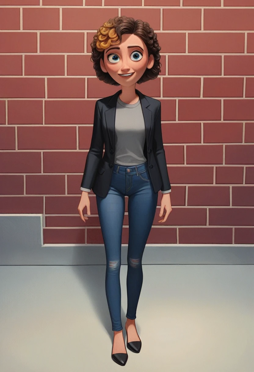 Poste 3d da Disney/pixar, a one woman, with curly brown hair with highlights, smiling round face and blue eyes, wearing gray shirt, black blazer, and black jeans. full - length portrait, looking at the camera, 3d, Pixar-style, animated cartoon. Background wall with red puzzle, cerulean, green and yellow