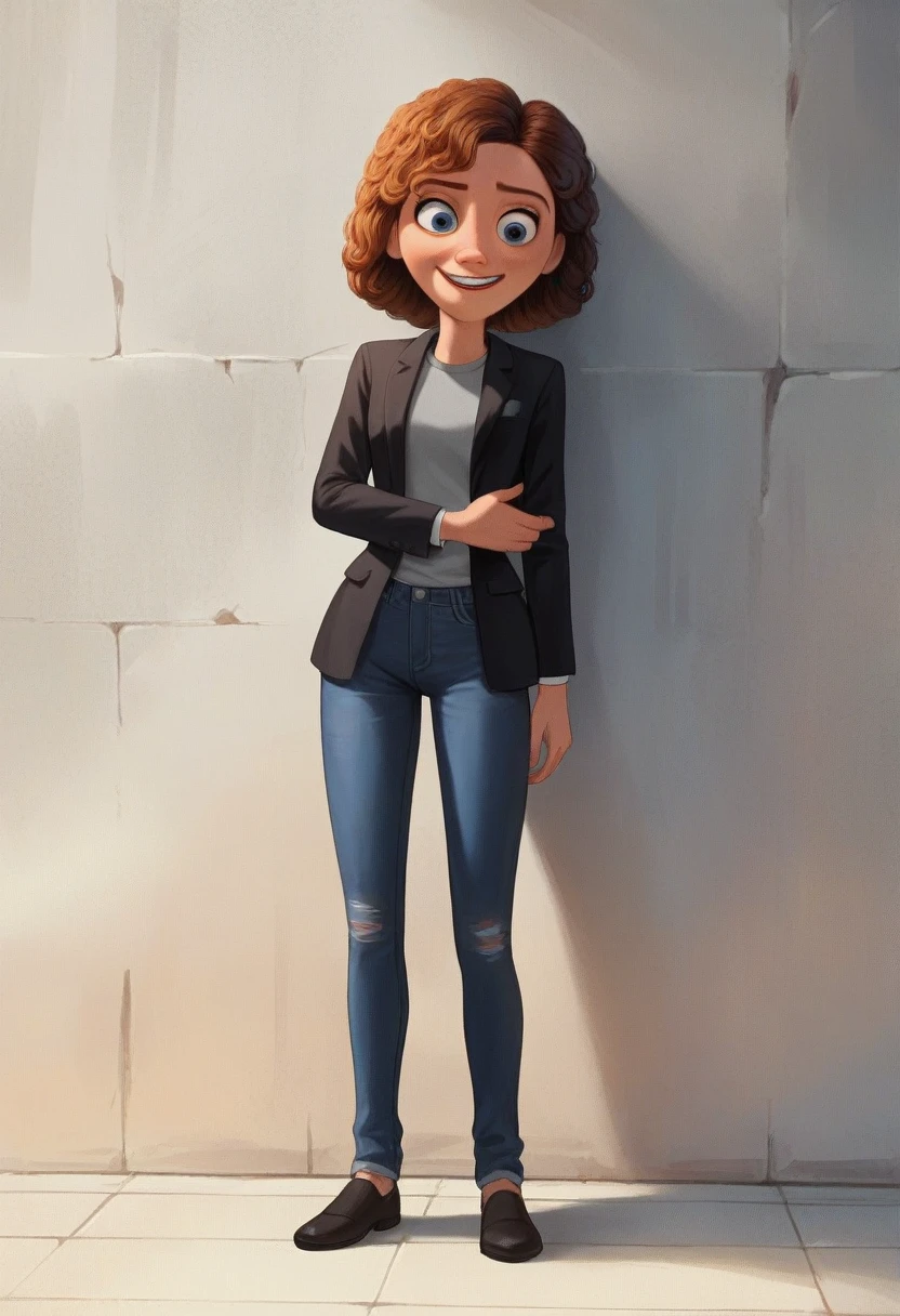 Poste 3d da Disney/pixar, a one woman, with curly brown hair with highlights, smiling round face and blue eyes, wearing gray shirt, black blazer, and black jeans. full - length portrait, looking at the camera, 3d, Pixar-style, animated cartoon. Background wall with red puzzle, cerulean, green and yellow