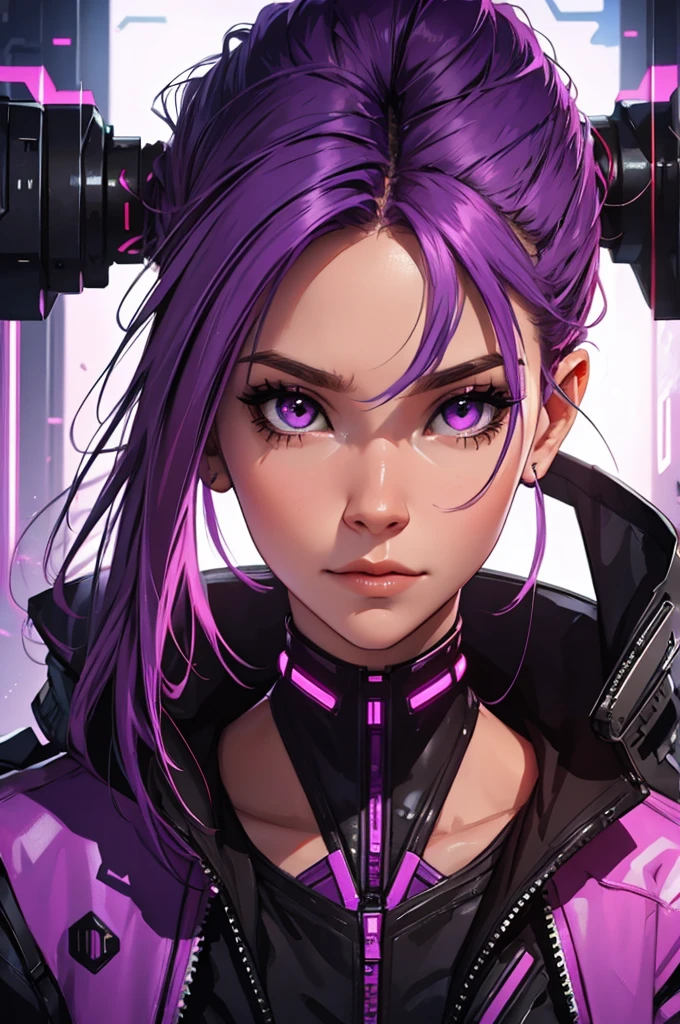 amazing purple hair, female cyberpunk character scientist, portrait, face shot, close-up