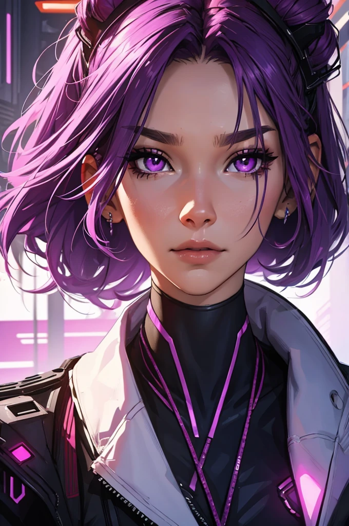 amazing purple hair, female cyberpunk character scientist, portrait, face shot, close-up