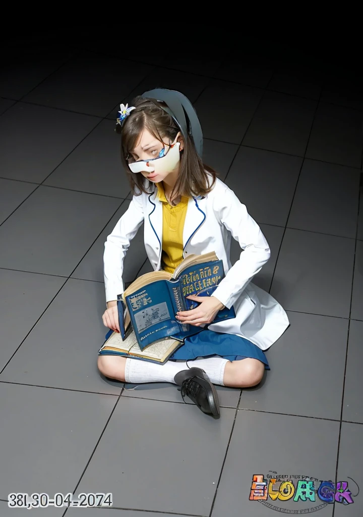 Girl, dark hair, blue eyes, flower hairpin, white lab coat, yellow shirt, blue skirt, black shoes, white socks, dark blue calculus book,writing,studying on the floor, half dark room
