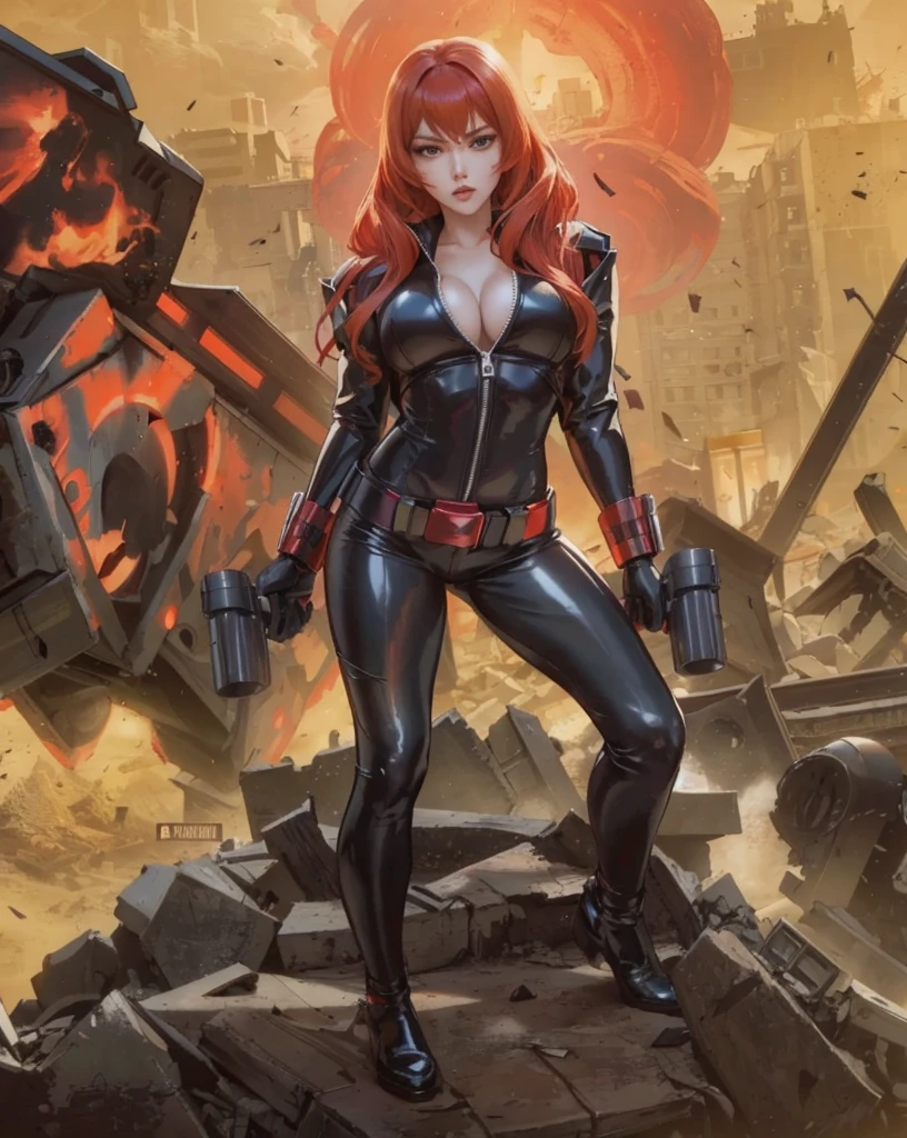 an anime girl with red hair, identified as Black Widow from Marvel comics. She's dressed in a sleek skin-tight shiny black latex bodysuit with a deep-cut zipper neckline revealing a large chest, the silver zipper running down the front paired with a golden belt and golden wrist guard, and she carries two guns. Posing on a pile of rubble, she seems prepared for battle amidst a war-torn city in ruins. The background includes detonations and a war scene, enhancing the ambiance of tension and destruction.