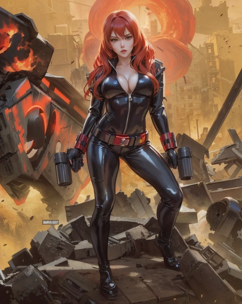 an anime girl with red hair, identified as Black Widow from Marvel comics. She's dressed in a sleek skin-tight shiny black latex bodysuit with a deep-cut zipper neckline revealing a large chest, the silver zipper running down the front paired with a golden belt and golden wrist guard, and she carries two guns. Posing on a pile of rubble, she seems prepared for battle amidst a war-torn city in ruins. The background includes detonations and a war scene, enhancing the ambiance of tension and destruction.