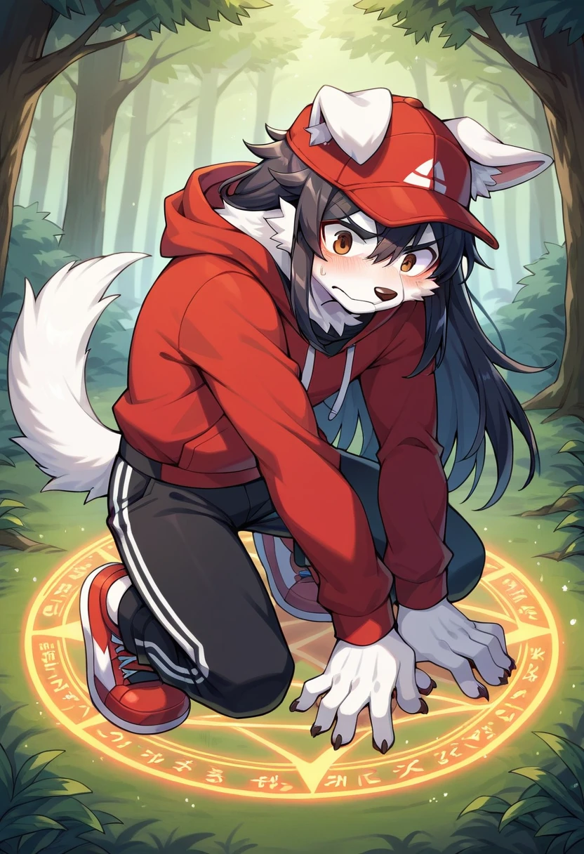 masterpiece, best quality, expressive eyes, perfect face, a man get transformed into a furry akita dog, furry akita, white fur, akita tail, dog ears, solo, surpriced, blushed, black hair, long hair, red baseball cap, black shirt, red hoodie, black sports pants, red sport shoes, brown eyes, full body, in a magic forest, glitter, embarrassed pose, magic circle on the floor.