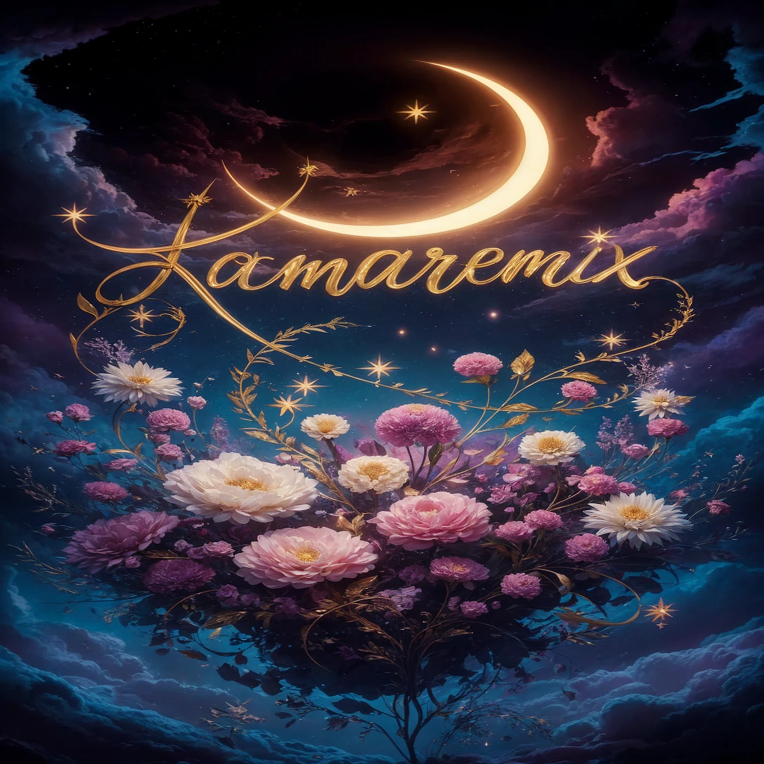 A breathtaking illustration of a celestial scene where the centerpiece is a gold script that spells out "Kamaremix." Each letter is accentuated by a unique, glowing star, creating a mesmerizing effect. A radiant crescent moon illuminates the night sky, showcasing a myriad of stars scattered throughout the dark expanse. Below this celestial canvas, a profusion of floating flowers in various shades of pink, white, and purple bloom, intertwining with golden vines and leaves. The overall color palette is dominated by deep blues, purples, and the warm glow of the moon and stars, creating a dreamy and enchanting atmosphere. The illustration combines elements of dark fantasy, vibrant colors, and cinematic flair for a truly captivating piece., typography, vibrant, cinematic, dark fantasy, illustration, photo