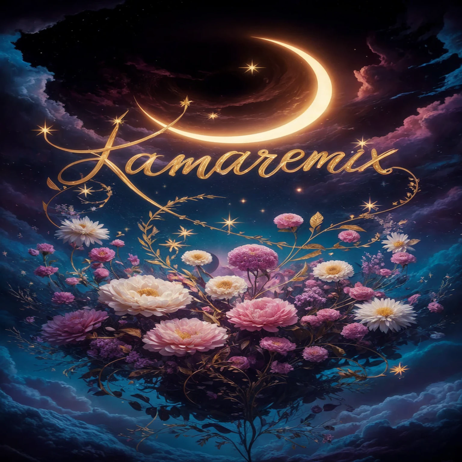 A breathtaking illustration of a celestial scene where the centerpiece is a gold script that spells out "Kamaremix." Each letter is accentuated by a unique, glowing star, creating a mesmerizing effect. A radiant crescent moon illuminates the night sky, showcasing a myriad of stars scattered throughout the dark expanse. Below this celestial canvas, a profusion of floating flowers in various shades of pink, white, and purple bloom, intertwining with golden vines and leaves. The overall color palette is dominated by deep blues, purples, and the warm glow of the moon and stars, creating a dreamy and enchanting atmosphere. The illustration combines elements of dark fantasy, vibrant colors, and cinematic flair for a truly captivating piece., typography, vibrant, cinematic, dark fantasy, illustration, photo