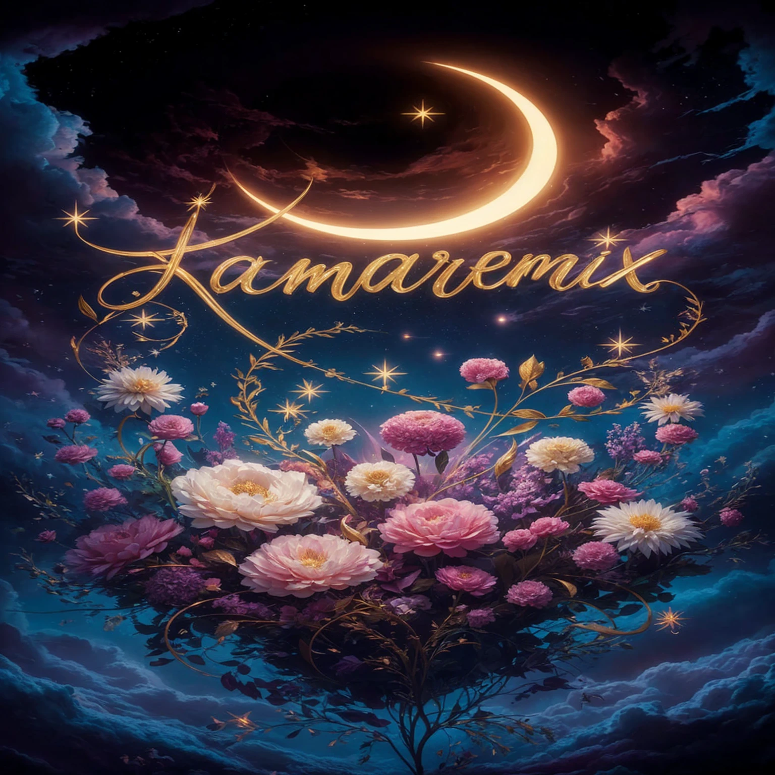 A breathtaking illustration of a celestial scene where the centerpiece is a gold script that spells out "Kamaremix." Each letter is accentuated by a unique, glowing star, creating a mesmerizing effect. A radiant crescent moon illuminates the night sky, showcasing a myriad of stars scattered throughout the dark expanse. Below this celestial canvas, a profusion of floating flowers in various shades of pink, white, and purple bloom, intertwining with golden vines and leaves. The overall color palette is dominated by deep blues, purples, and the warm glow of the moon and stars, creating a dreamy and enchanting atmosphere. The illustration combines elements of dark fantasy, vibrant colors, and cinematic flair for a truly captivating piece., typography, vibrant, cinematic, dark fantasy, illustration, photo