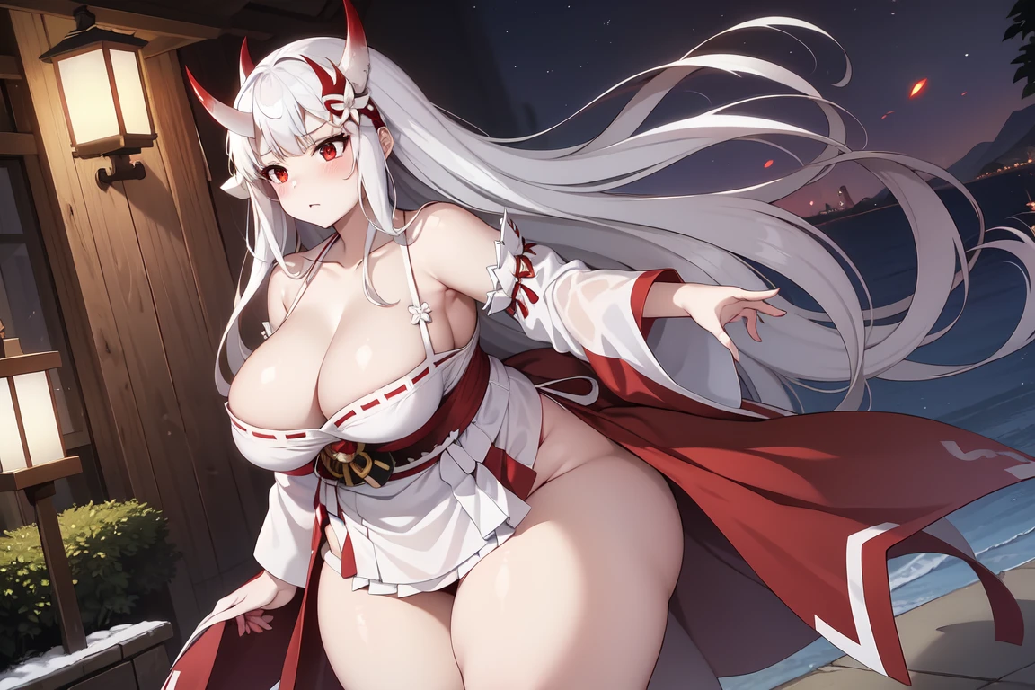 1girl, white hairs, red eyes, skimpy white-red kimono, long hair, massive breasts, mature, lake, night, cleavage, Oni, armored skirt, oni horns