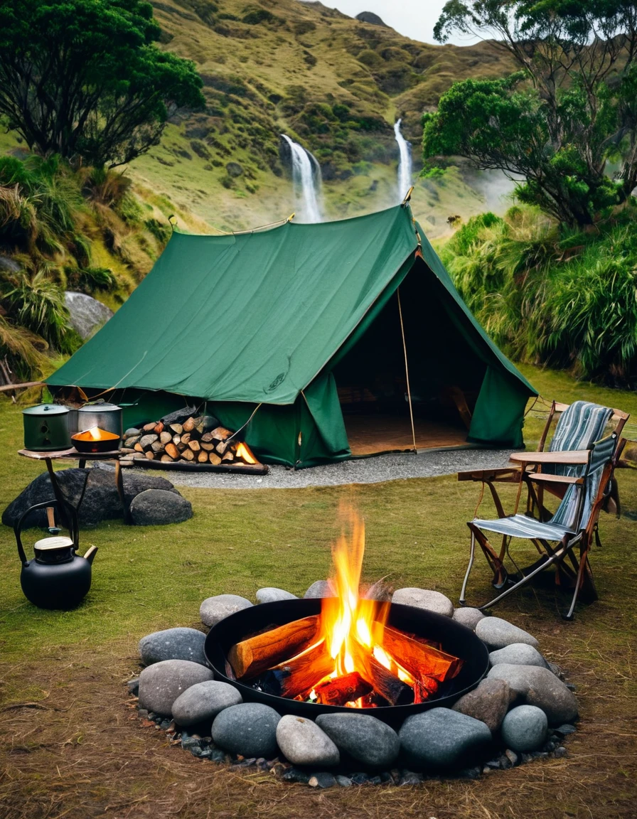 **A photo of an outdoor camping setup in New Zealand, featuring a vintage tent and chairs around a campfire with waterfalls behind. The scene includes stones on the ground, boxes inside a large green canvas tent, a lantern hanging from the tent's side, smoke rising above the fire as if cooking something, a small metal pot over the flames, and a waterfall visible in the distance. A stylish, cozy atmosphere with elements of adventure and natural beauty. Captured in the style of Canon EOS-5D Mark III camera using a wide-angle lens. --ar 13:16 --s 750 --style raw --v 6.0** - Image #4 