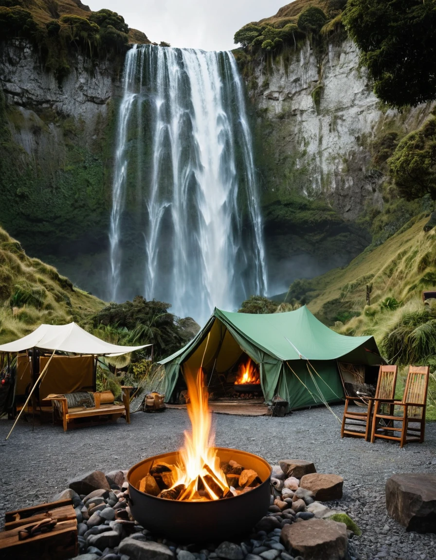 **A photo of an outdoor camping setup in New Zealand, featuring a vintage tent and chairs around a campfire with waterfalls behind. The scene includes stones on the ground, boxes inside a large green canvas tent, a lantern hanging from the tent's side, smoke rising above the fire as if cooking something, a small metal pot over the flames, and a waterfall visible in the distance. A stylish, cozy atmosphere with elements of adventure and natural beauty. Captured in the style of Canon EOS-5D Mark III camera using a wide-angle lens. --ar 13:16 --s 750 --style raw --v 6.0** - Image #4 