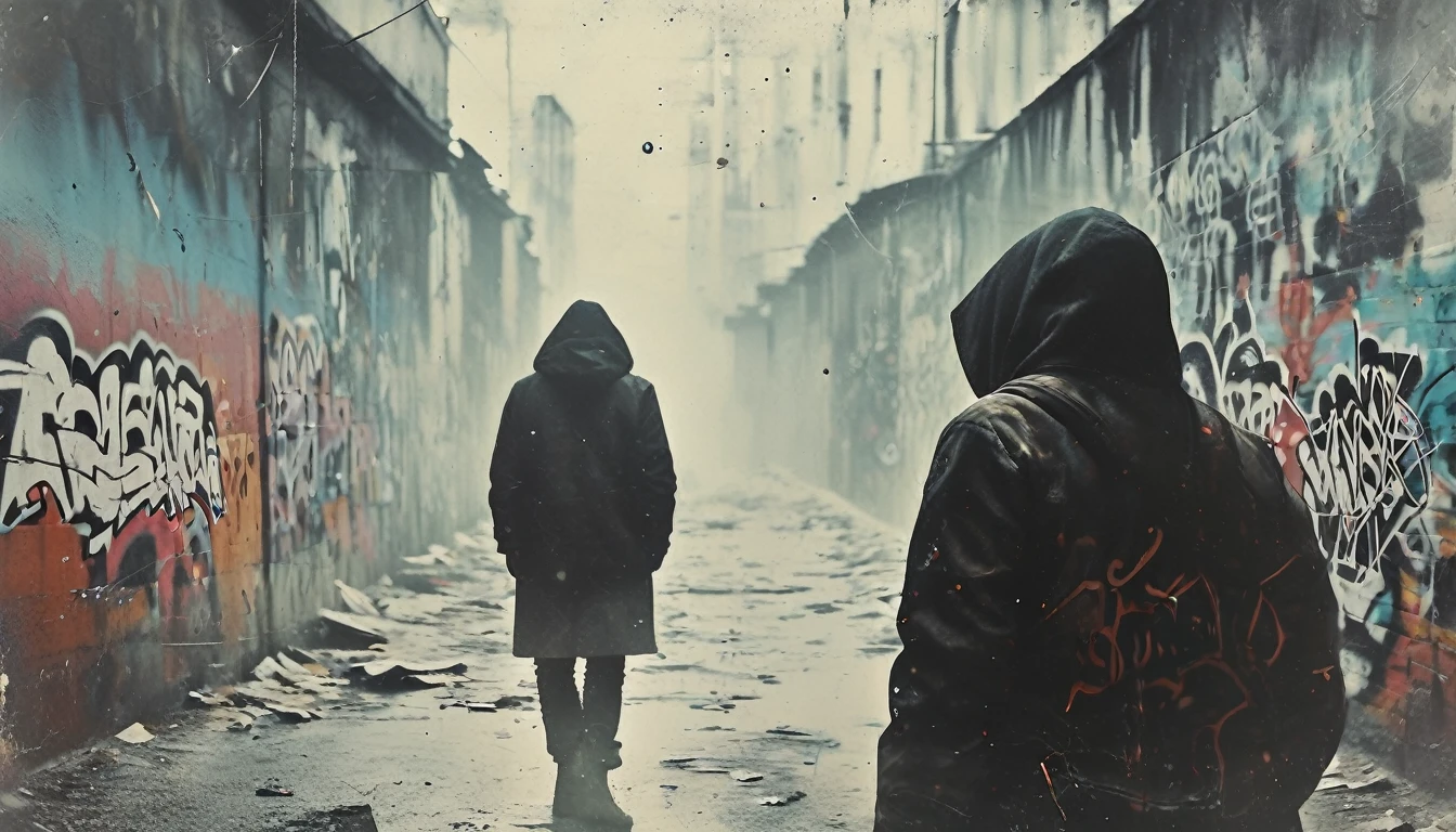 illustration reflecting street art style, a lone figure, seen from the back, full of abstract graffiti wall, figure's attire and the graffiti incorporate dynamic colors and bold strokes, conveying movement and urban energy in a digitally rendered --ar 9:16