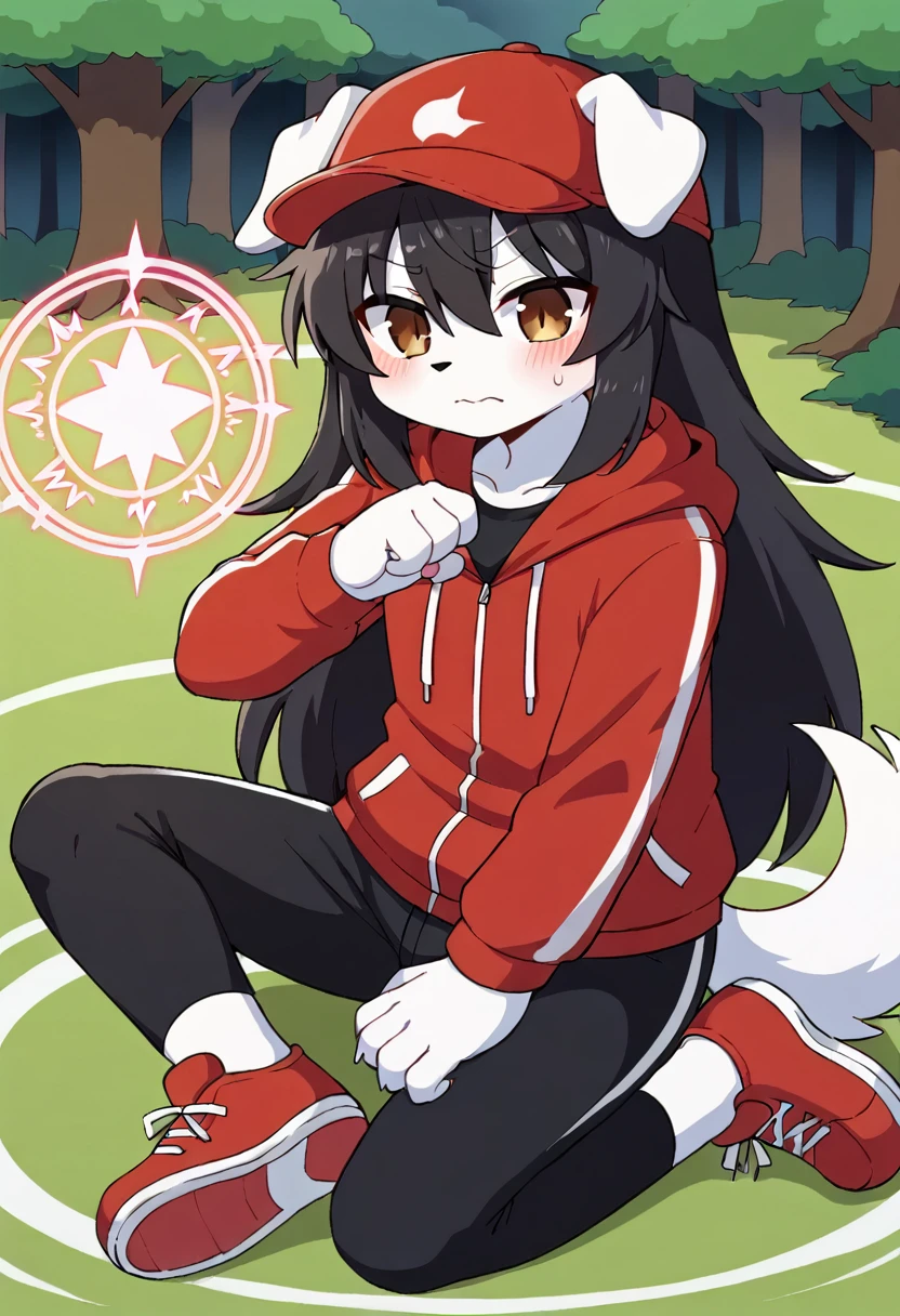 masterpiece, best quality, expressive eyes, perfect face, a man get transformed into a furry akita dog, furry akita, white fur, akita tail, dog ears, solo, surpriced, blushed, black hair, long hair, red baseball cap, black shirt, red hoodie, black sports pants, red sport shoes, brown eyes, full body, in a magic forest, glitter, embarrassed pose, magic circle on the floor.