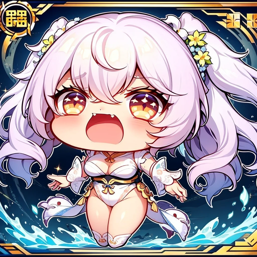 Chibi character pixel art, ((xian mei)), 1 girl, long white hair, wavy white hair, white fox ears, kitsune, Chibi style, shapely breasts, high quality pixel art, Gege Akutami, photography, beautiful, colorful, realistic , masterpieces, top quality, best quality , official art, beautiful and aesthetic, hanfu, perfect anatomy, mini solo chibi, angry, angry, hungry, angry, flower garden,