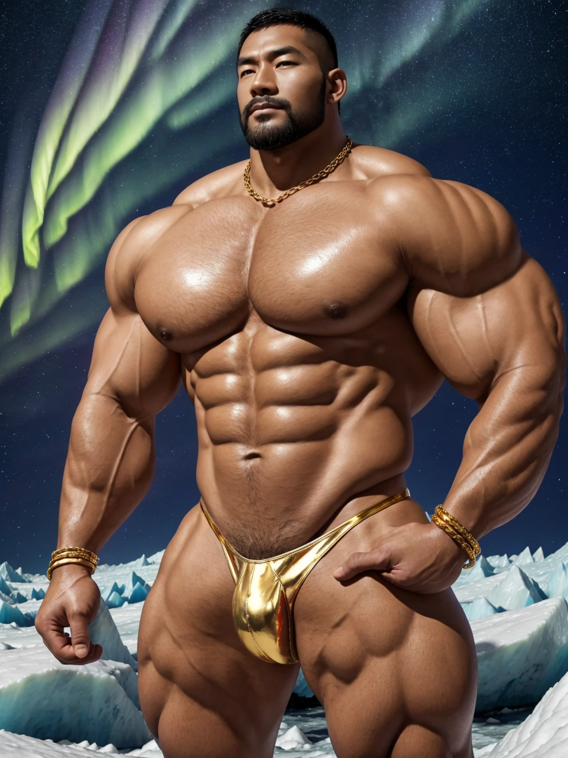 There is only one handsome Chinese man in the photo,35 years old,tall, Fitness,Smooth body,Smooth skin,No chest hair,short hair, O-Shaped Beard,Perfect body, Dark skin color,Radiant Skin,Smooth skin,Shiny, shiny skin,Smooth pectoral muscles,Muscle bulge, muscular, Very large pectoral muscles,Very sexy abdominal muscles,Very well-developed leg muscles,Huge concave and convex area,Brightens oily skin,Wearing a shiny gold leather thong,Handsome face,Normal human toes,Correct and accurate male body proportions,Gold Collar,Gold bracelet,Gold anklets,Stand on a glacier,Night sky,A sky full of stars,There are auroras,Colorful,Charming dream scene,Epic。