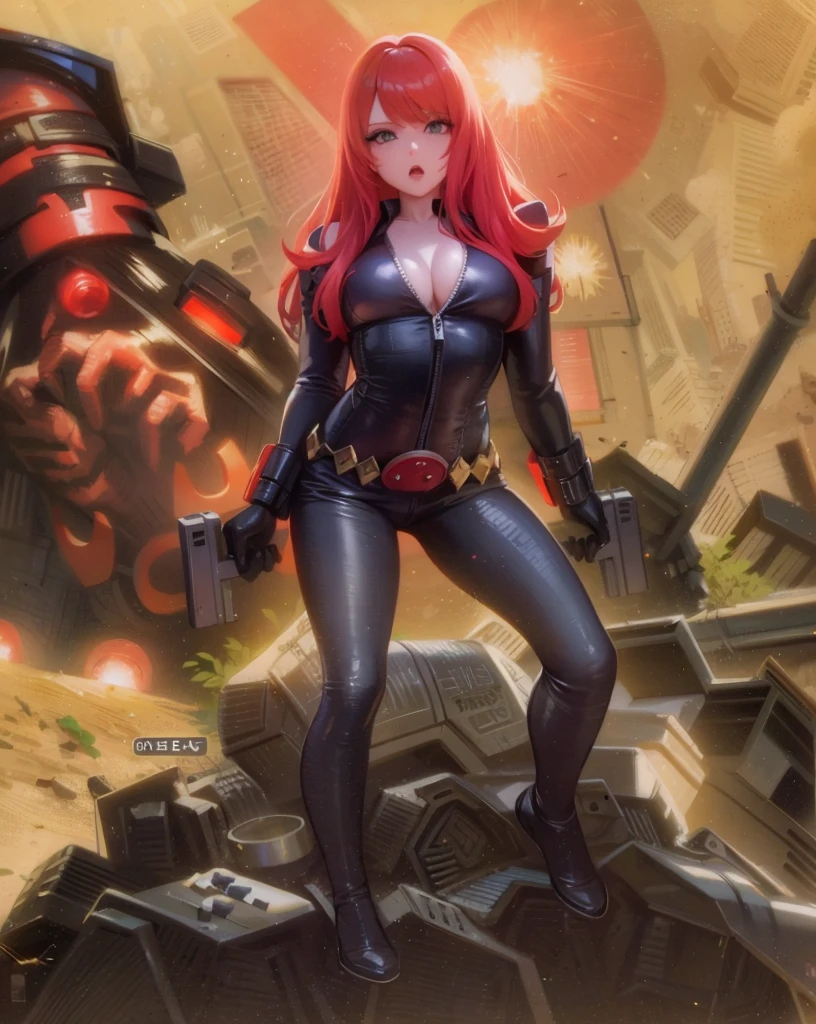 a comic scene featuring a red-haired woman, presumably a character like 'Black Widow'. The woman, dressed in a skin-tight shiny blue latex leather bodysuit with a low-cut neckline revealing a large chest, is seated relaxingly at a white table, her hands resting in her lap with yellow wristbands or guards visible. She is looking downwards, her facial expression suggesting concern or determination.