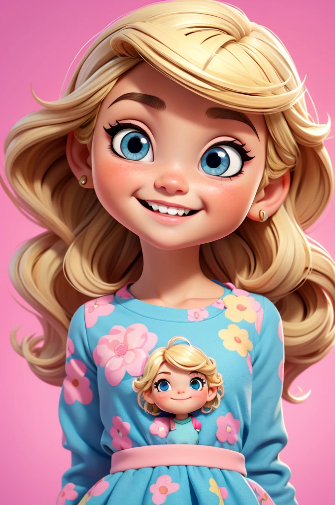  cute chibi style, Estilo de Moda 2023, Tema estilosa, Linda, expressiva, Feliz, Sorriso lindo, bonito cabelos lisos, modelo profissional, Poses fofas, blonde, blue eyes, vivid color, blonde hair, pink dress, pink dress, white background
