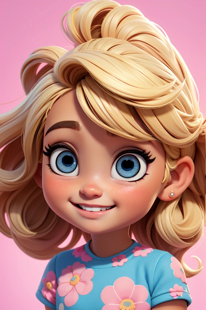 cute chibi style, Estilo de Moda 2023, Tema estilosa, Linda, expressiva, Feliz, Sorriso lindo, bonito cabelos lisos, modelo profissional, Poses fofas, blonde, blue eyes, vivid color, blonde hair, pink dress, pink dress, white background