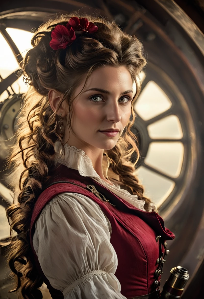 (editorial photography of Aerith Gainsborough), (highly detailed face:1.4), no close-up, (smile:0.4), (background inside dark, moody, private:1.3), steampunk pirate's airship, nikon d850, stock photography, kodak portra 400 film ,camera f1.6 lens, bokeh, analog style, rich colors, hyper realistic, lifelike texture, dramatic lighting, cinestill 800, messy hair, serious, (freckles:0.4), pale skin, cute sexy