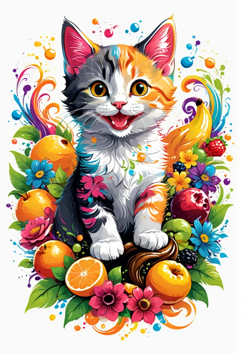  T-shirt designs, vectorial art, colorful illustration of a smiling kitten, At the center, swirly vibrant colors, flowers, fruits, high détail,white backdrop, t shirt design.
(work of art, best qualityer, proffesional, perfect composition, very aesthetic, absurdrez, super verbose, details Intricate:1.3)