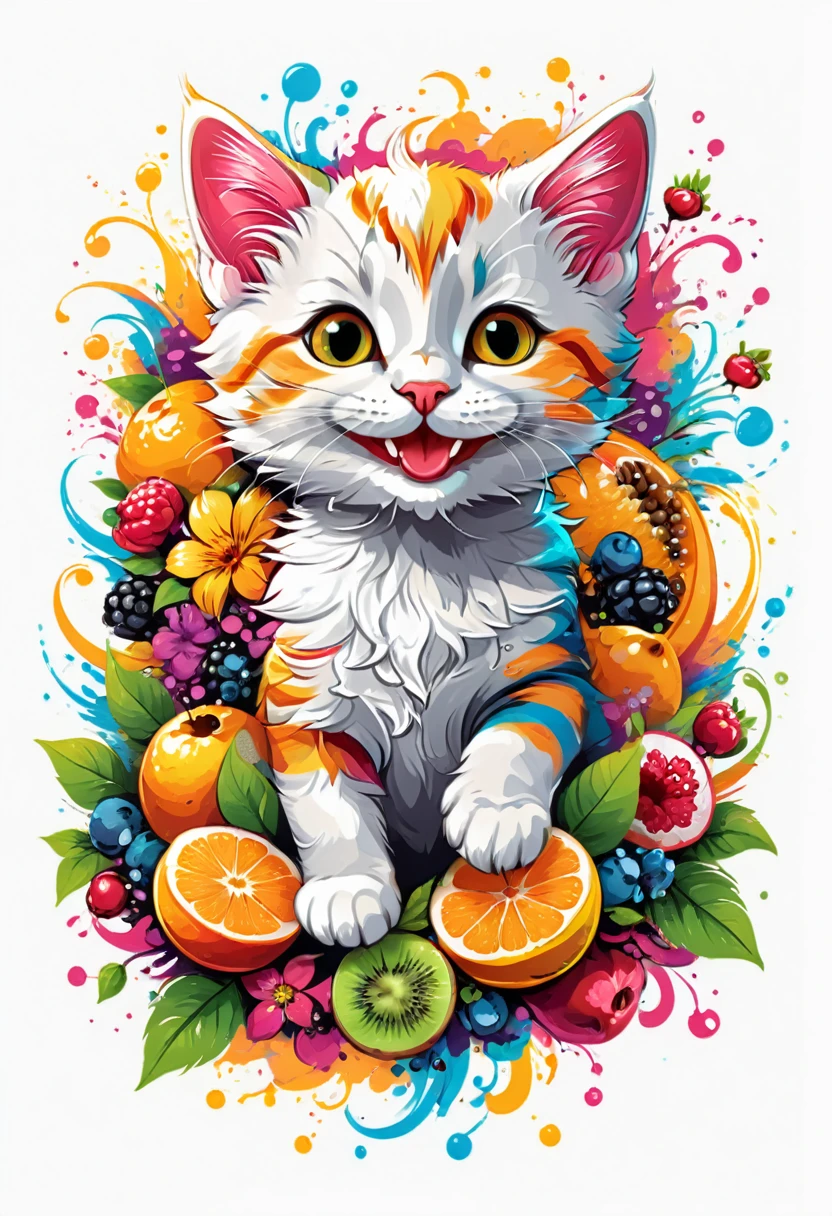  T-shirt designs, vectorial art, colorful illustration of a smiling kitten, At the center, swirly vibrant colors, flowers, fruits, high détail,white backdrop, t shirt design.
(work of art, best qualityer, proffesional, perfect composition, very aesthetic, absurdrez, super verbose, details Intricate:1.3)