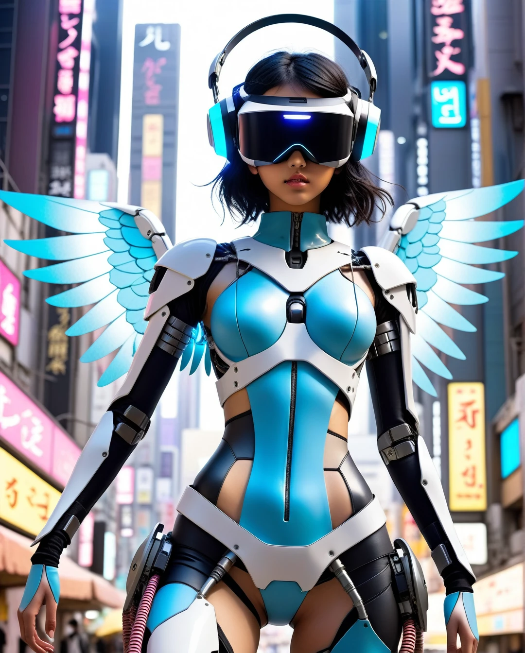 Saudi Arabian Bedouin ethereal cyberpunk angel, full body view, 21 year old anime girl, comic style((tokyo ghost, sean murphy)), vr headset, skeletal form, cute, highly stylized artstyle, messy abstract background, wide view, digital illustration, ultra hd, extreme long shot, telephoto lens, motion blur, wide angle lens, deep depth of field, deep blue color scheme, pastel color scheme, wearing tight fitting leather, with mechanical transformer wings, and a exosuit, covered in wires,