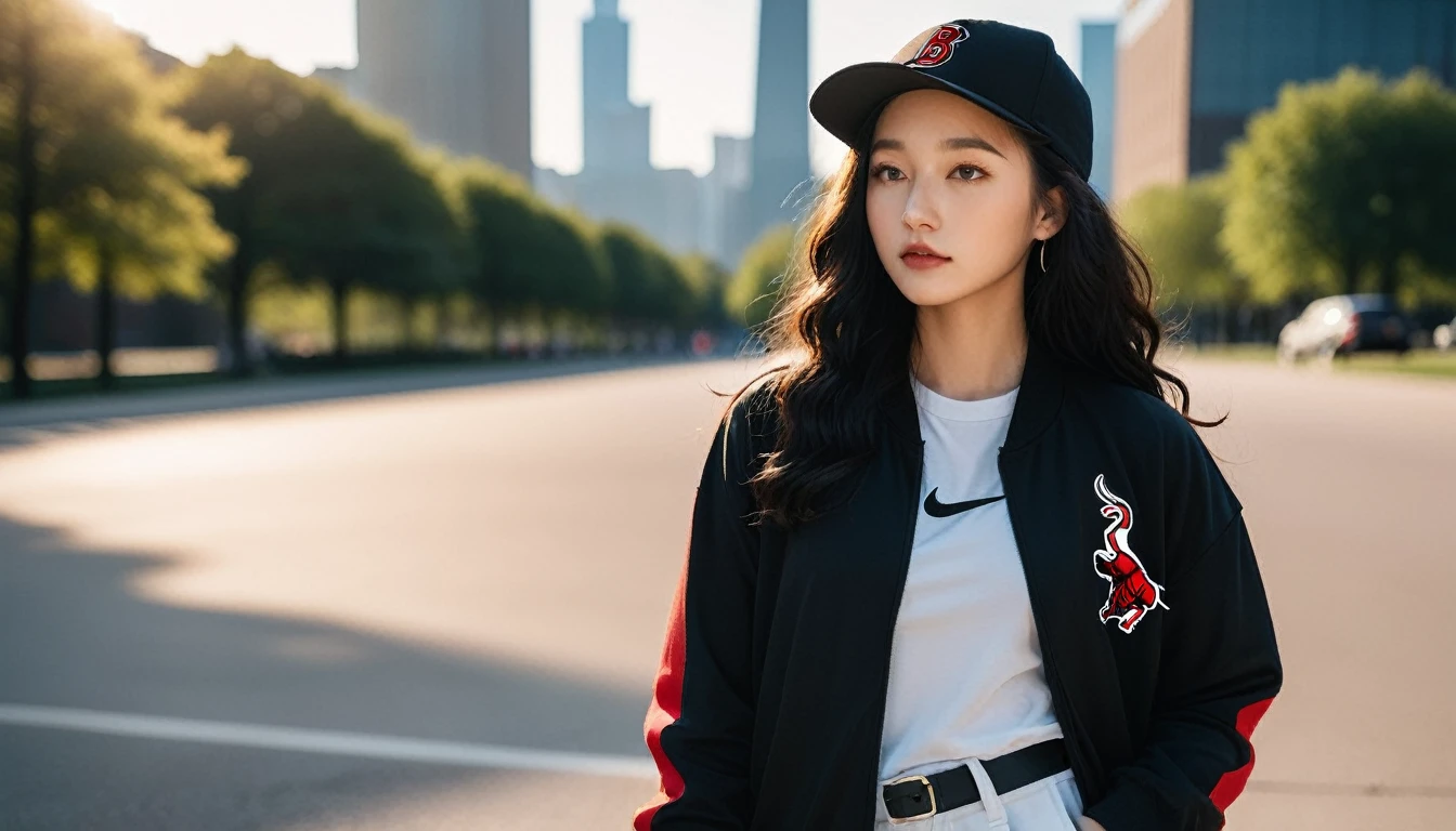 Black hair。Curly perm。Women with freckles。In the background, the evening sun shines on her hair.、background is blurry。Hiphop fashion。Chicago Bulls hat and Nike sneakers。whole body