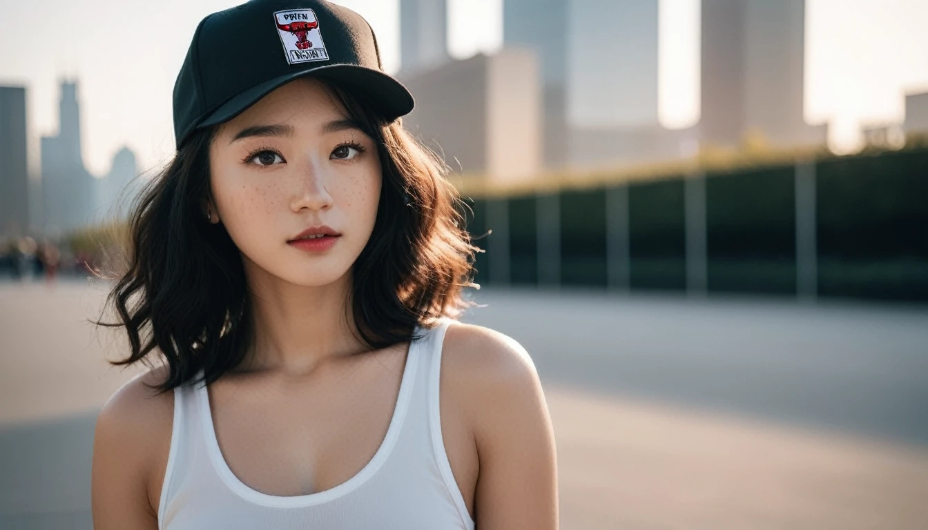 Black hair。Curly perm。Women with freckles。In the background, the evening sun shines on her hair.、background is blurry。Hiphop fashion。Chicago Bulls hat and Nike sneakers。whole body