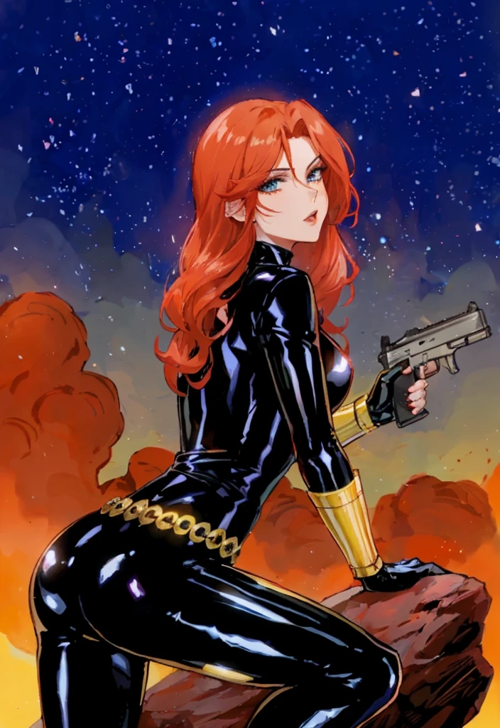 Black Widow, is known from the Marvel series. She's depicted with red hair and blue eyes, dressed in a sleek skin-tight shiny black latex bodysuit with a belt made of golden circles. She's holding a gun in her left hand, and she's in a crouching pose on a rock. The background features a bold red sky with white stars. The character appears ready for action.