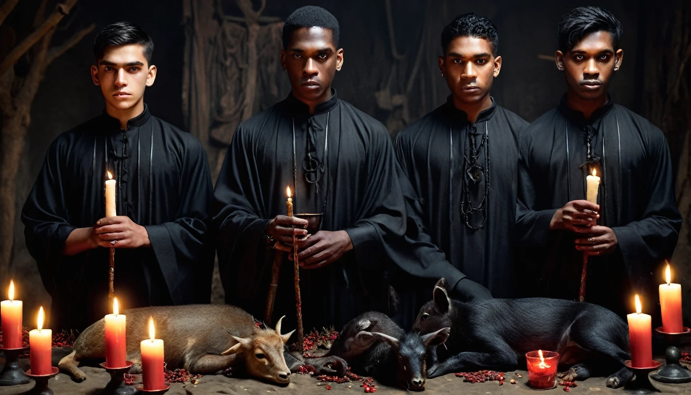 three 20 year old MEN in black tunic, sacrificing animals with Blood, candles, voodoo, clear and ultra realistic image