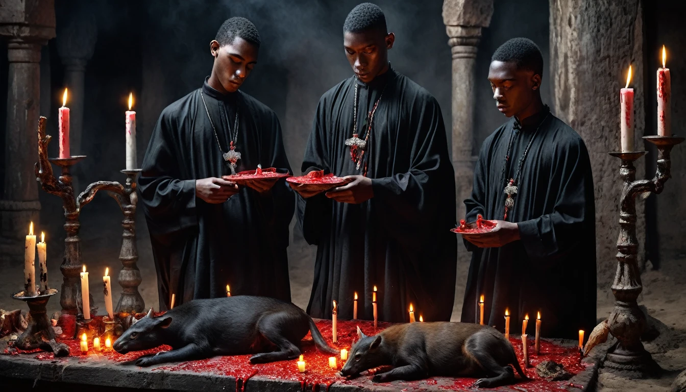 three 20 year old MEN in black tunic, sacrificing animals with Blood, candles, voodoo, clear and ultra realistic image